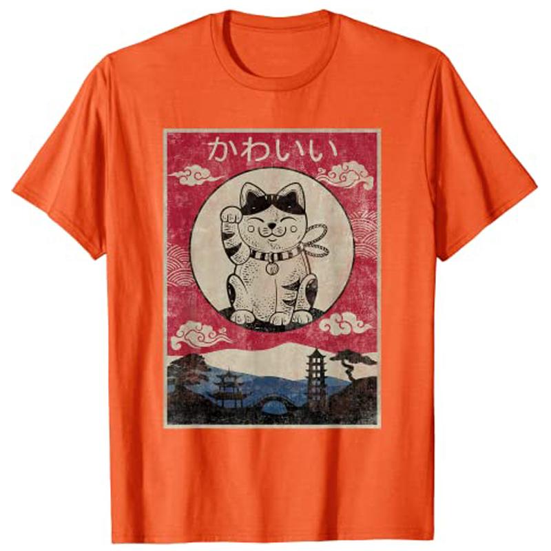 Vintage Kawaii Cat Anime Japanese Gift Girls Boys Teenager TShirt Top Y2k Cartoon Graphic Aesthetic Clothes Novelty Personality