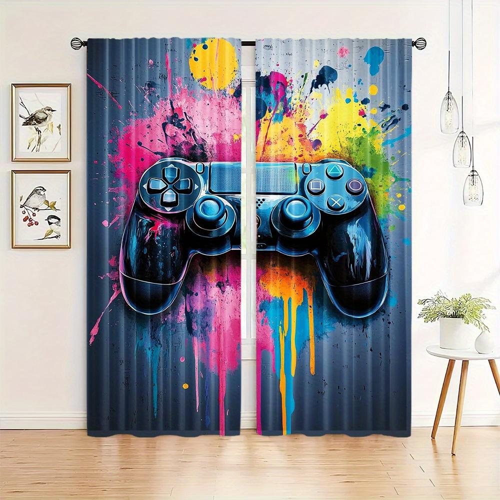 Polyester Gaming Controller Curtains 2pcs Flame Design Rod Pocket Drapes for Bedroom Living Room Durable Gamepad Theme Window