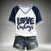 Women's Casual V-Neck Short Sleeve Tee with Football Team Print, Lightweight Breathable Summer Top