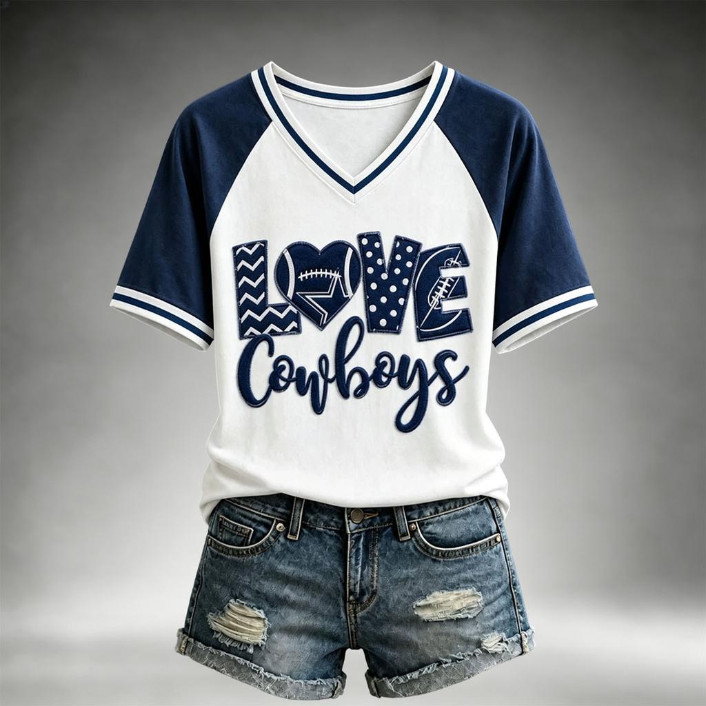 Women's Casual V-Neck Short Sleeve Tee with Football Team Print, Lightweight Breathable Summer Top