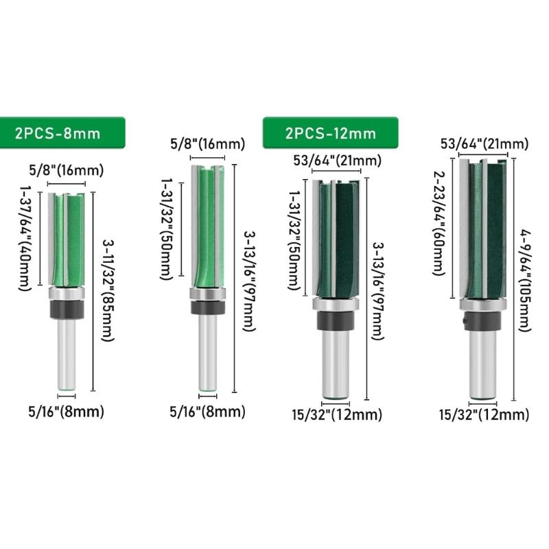 2 Buc 8MM 12MM Coadă Rulment Freză Dreaptă Copiere Tăietor de Finisare Mașină de Finisat Freză Instrument de Prelucrare a Lemnului