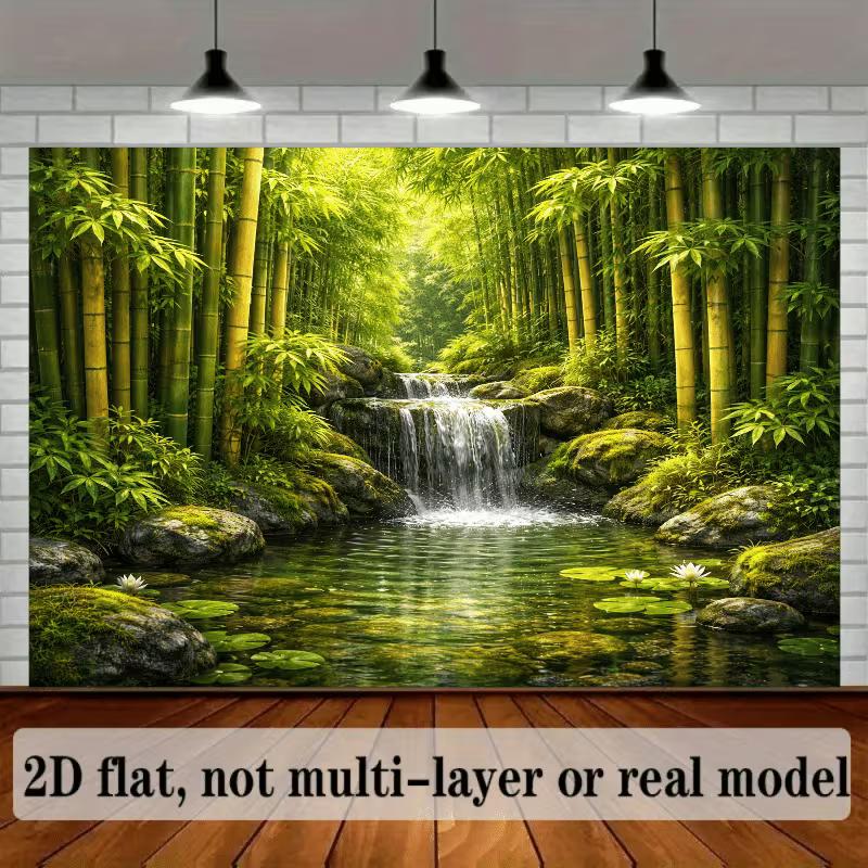 2D Bamboo Forest Waterfall Backdrop for Zen, Nature & Oriental Themed Photography