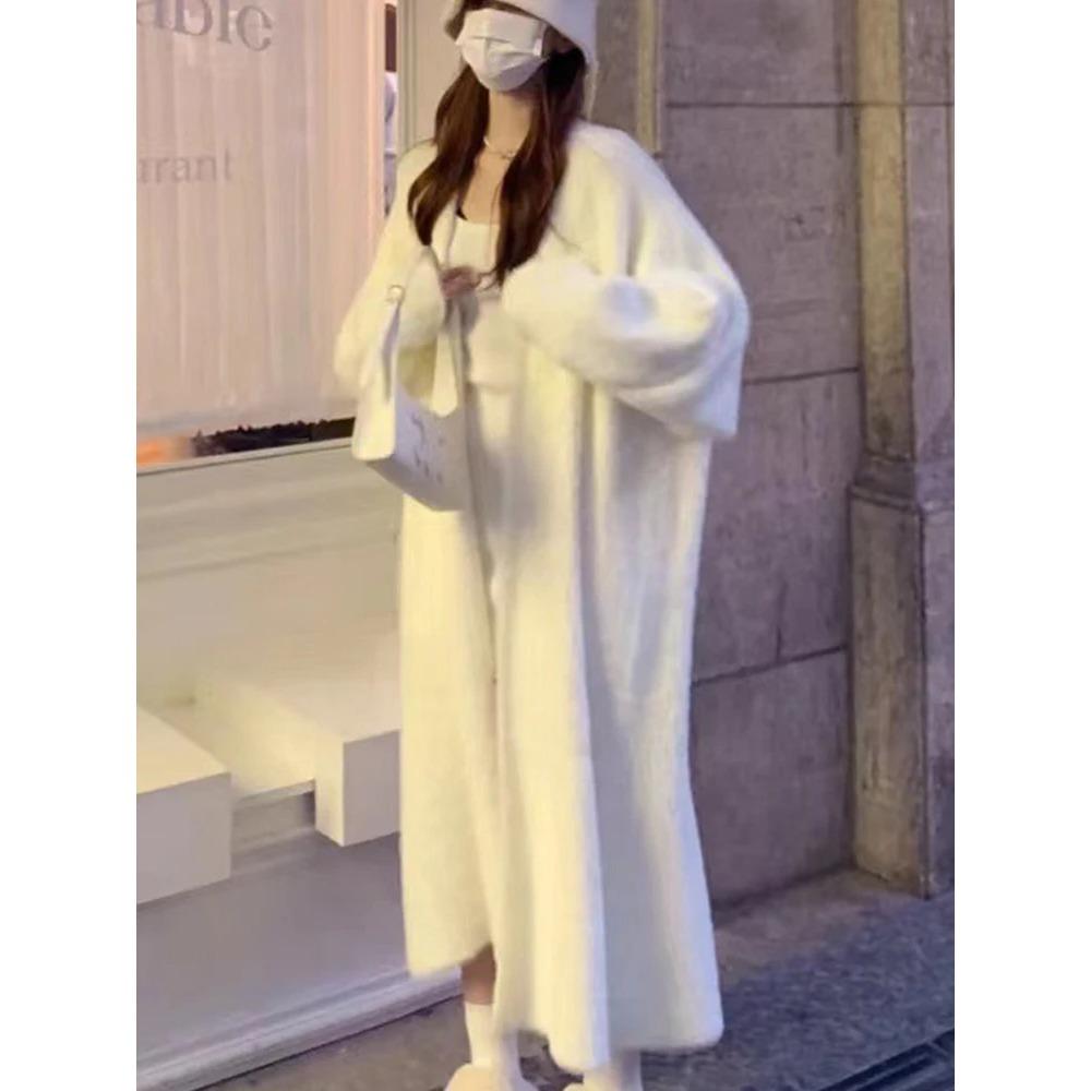 

Lazy Style Warm Knee Length Thickened Women Cardigan Pure Imitation Mink Fleece Knitted Sweater Warm Coat One Size белый