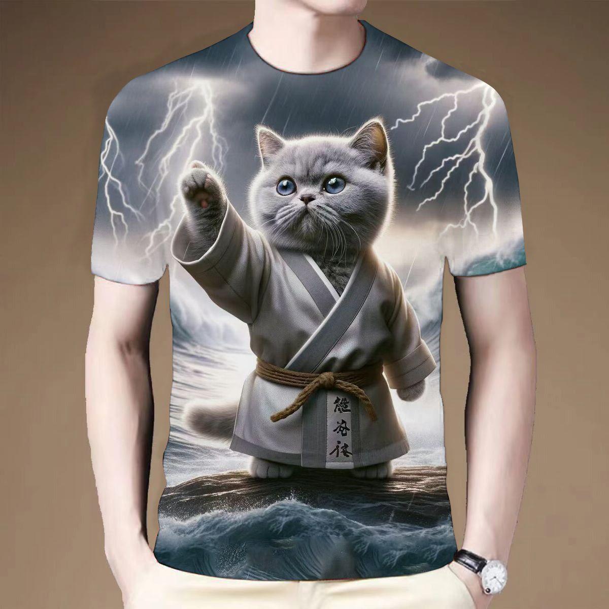 

Лето 2024 года, новая мужская футболка с круглым вырезом и короткими рукавами с принтом в виде котенка Kung Fu 6XL