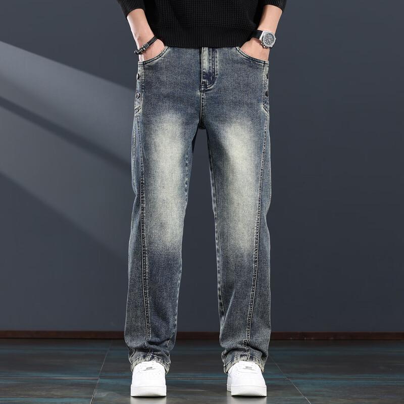 Jie Leinuo Men's American Retro Loose Straight-Fit Jeans