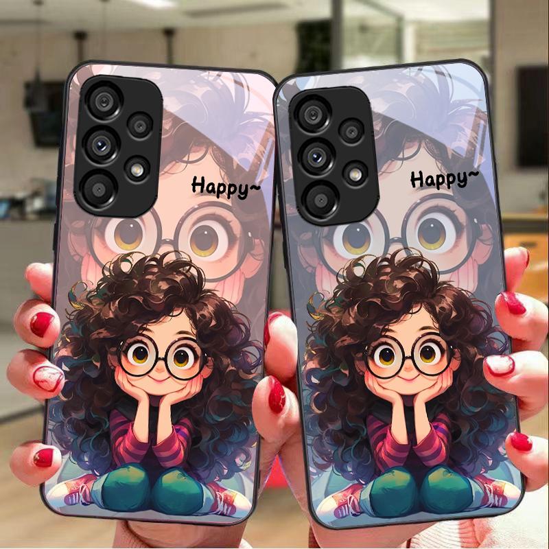 Mädchen mit lockigen Haaren für Samsung Galaxy S10 20 Plus 21 FE 22 23 24 FE 25 Ultra Schwarz Hartschale Handyhülle aus gehärtetem Glas