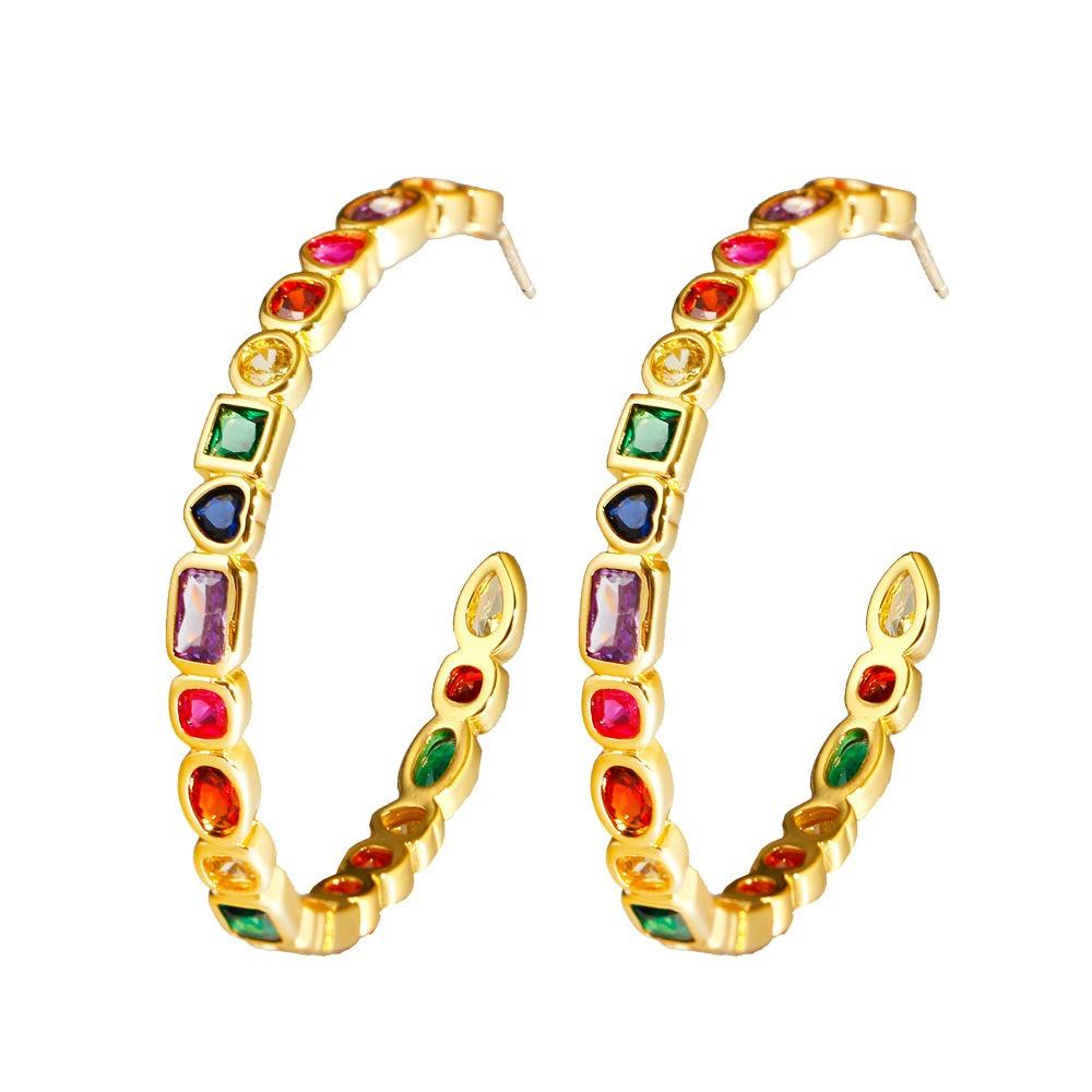 Women's Trendy Bohemia Jewelry Colorful Rainbow Cubic Zirconia Gold Plated Big Circle Hoop Earrings for Party Fashionable Gifts