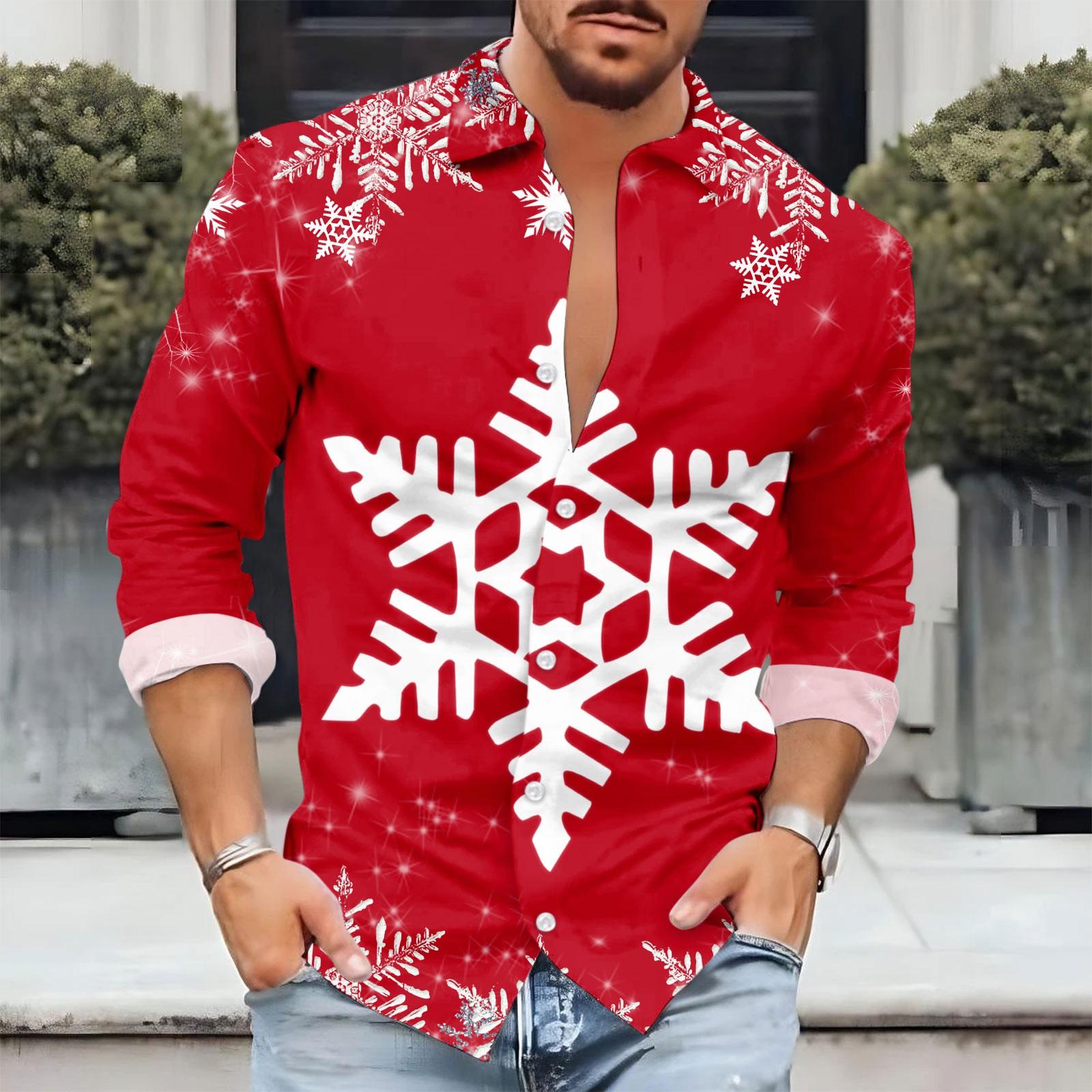 Men S Christmas Casual Loose Fitting Long Sleeved Printed Shirt L красный