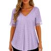 Women's Solid Color V-neck Loose Short Sleeved Pleated T-shirt Top