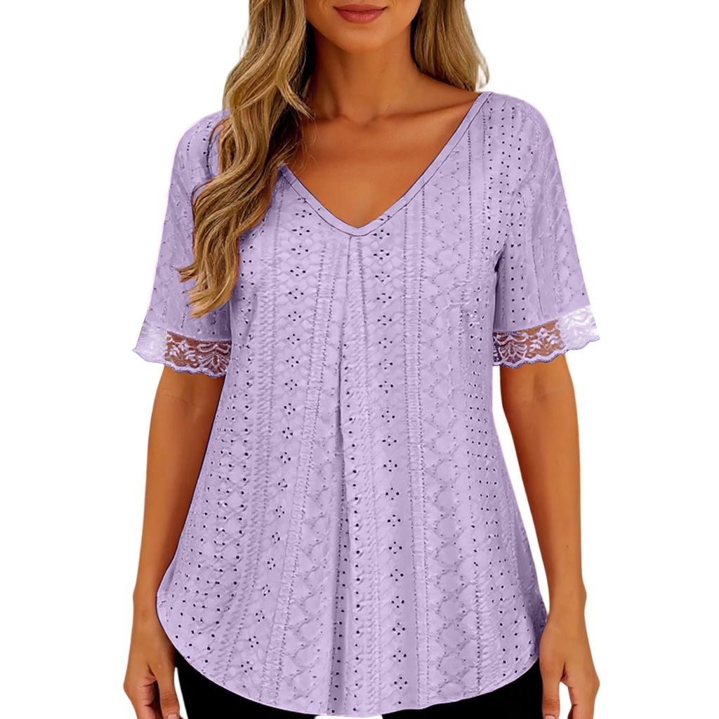 Women's Solid Color V-neck Loose Short Sleeved Pleated T-shirt Top