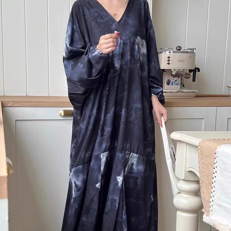 Mode Korean Chic Frühling Sommer Retro Urlaub Stil V-Ausschnitt Tinte Print Design lose lässig Fledermaus Ärmel Kleid Frauen