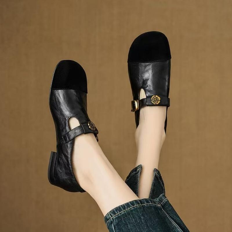 Fashion Women's Genuine  Mary Jane Flats, Contrast-Stitching Suede Cap Toe Gold Tone Buckle Ankle T-Strap Low Heel Hot Sale 2025