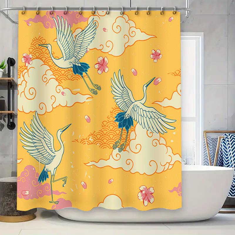 

Vintage-Inspired Shower Curtain With Cranes Flying Through Clouds Perfect For Your Bathroom Decor! W60H190(CM)-1 Pcs