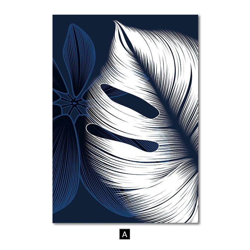 Modrá Bílá rostlina List Obraz Obraz Plakát Moderní bytový dekor Abstraktní nástěnná malba Severská dekorace do obývacího pokoje