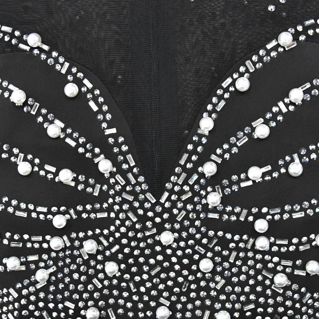 Women's European & American Fashion Slit Long Dress with Mesh and Hot Drilling Design