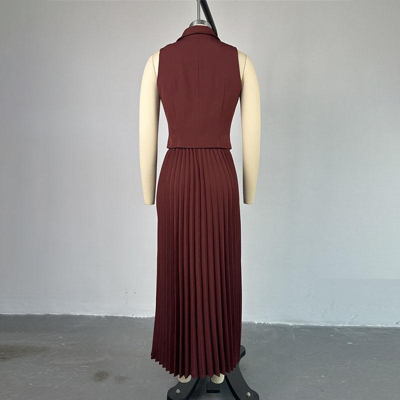 Skládaná dlouhá sukně set Dámská móda Slim Vykrojené Bez rukávů Krátký top vesta Femme Street Vysoký pas Jednobarevné Maxi Sukně Sety Dámské outfity 2024 Léto