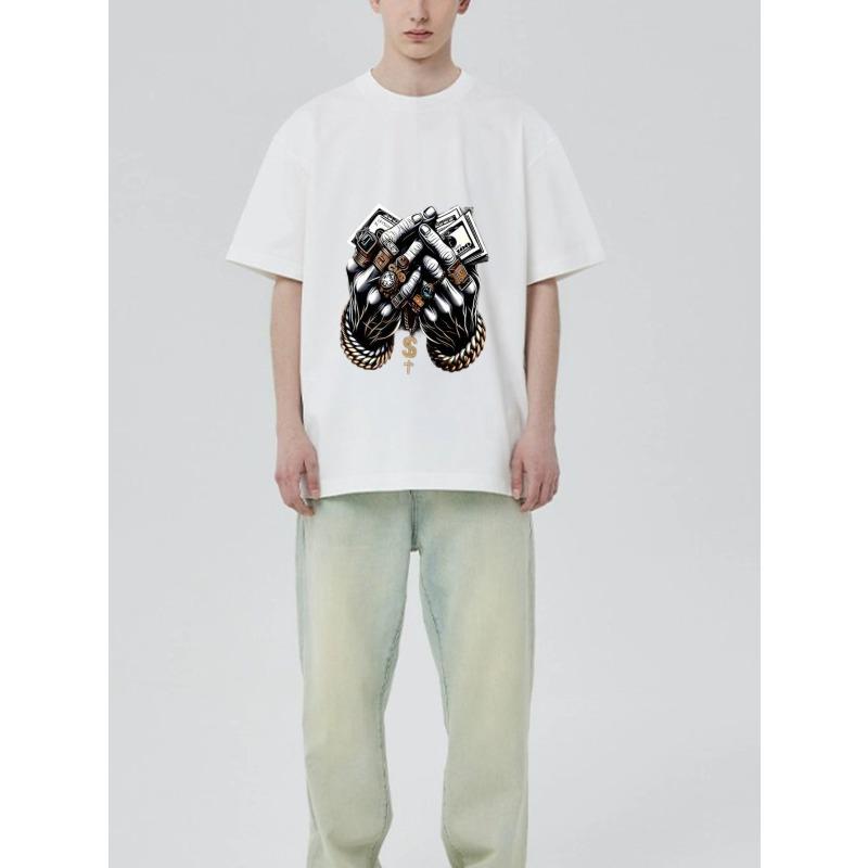 Black T-Shirt with Money and Chain Hands Print for Streetwear Fashion