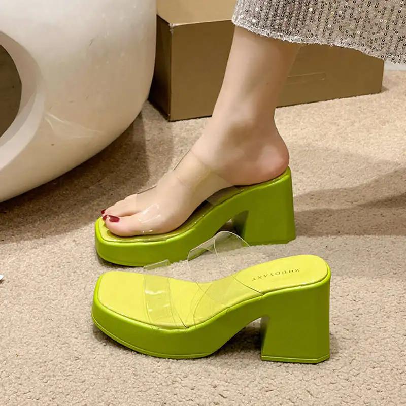 WTEMPO High Heel Sandalen Damen Sommer Dicke Weiche Sohle Einzigartiges Transparentes Obermaterial Design Aprikosenfarbene Sohle Dicker Absatz Atmungsaktive Mode Vielseitige Slipper