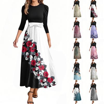 Women's Fashion Casual Belt Round Neck Floral Stitching Elegant Temperament Three-quarter Sleeve Dress