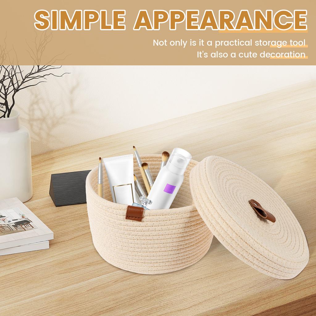 2Pcs Cotton Rope Storage Baskets Woven Desktop Sundries Kids Toys Organizer Box Storage Basket with Lid Sorting Jewelry Snack