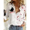 Women's Shirt Spring Fashion Clashing Color Patchwork Shirt Tops Blouse Temperament Sense Long Sleeve Cat Print Shirts