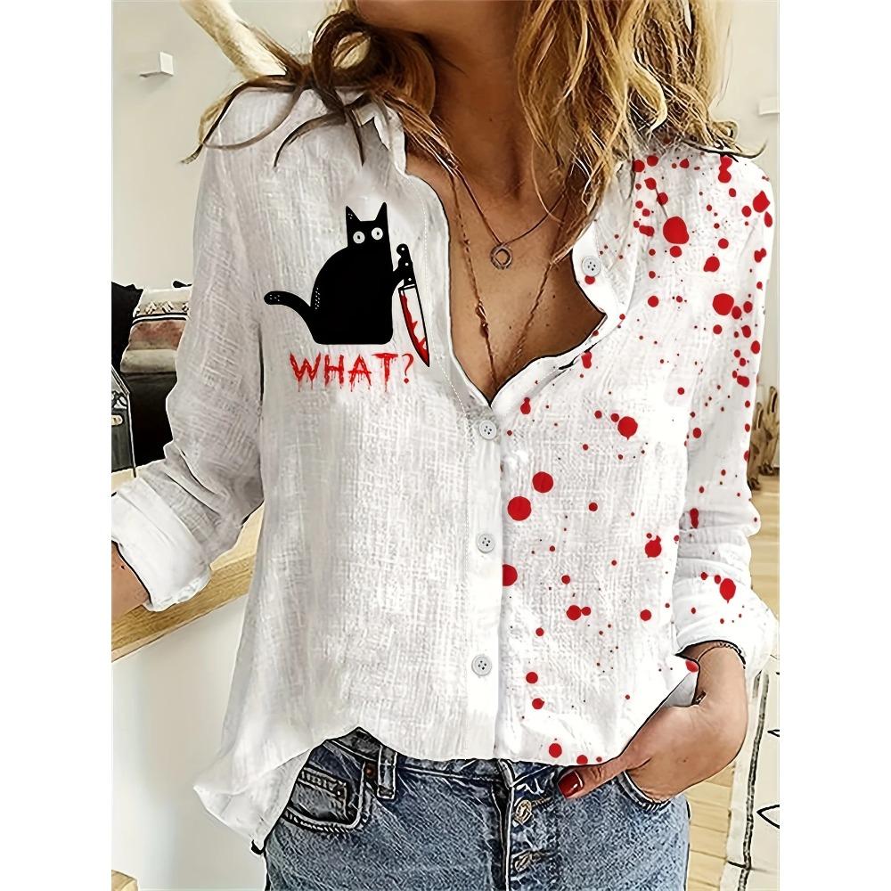 Women's Shirt Spring Fashion Clashing Color Patchwork Shirt Tops Blouse Temperament Sense Long Sleeve Cat Print Shirts