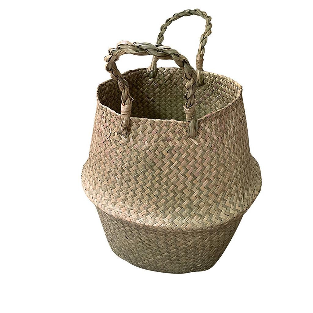 Big Belly Blue Folding Woven Basket, Turtle Back Green Plant Storage Basket, Handmade Seaweed Woven Simle Flower Basket