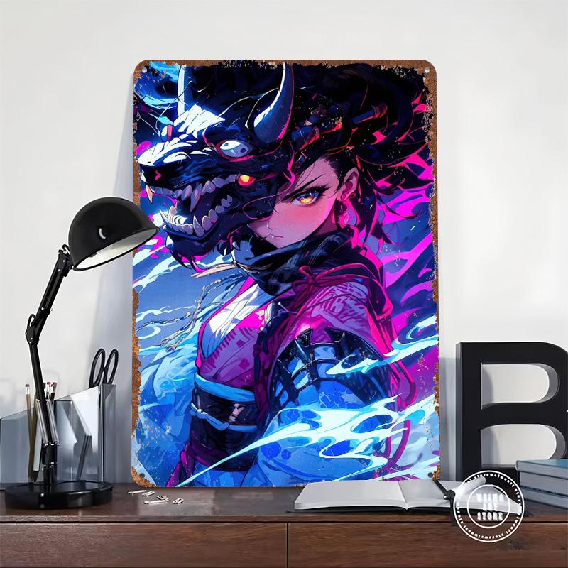 Anime Girl With Mask Poster Customized Wall Art Vintage Metal Signs Retro Tin Plaque for Man Cave Office Decor Room Decoration