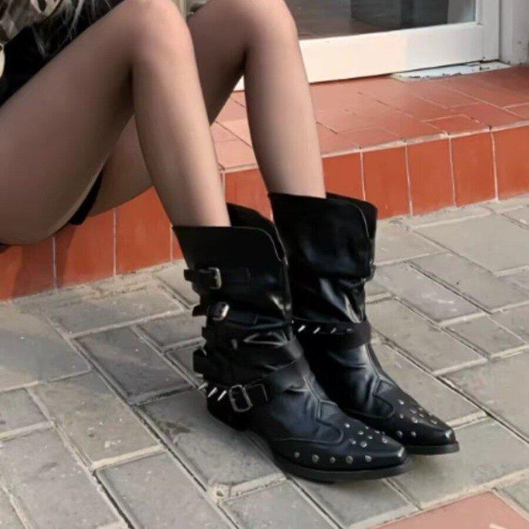 Short Western Cowboy Boots Women's Rivets 2025 Summer New Boots Retro Spice Girls Pointed Pile Boots Martin Boots