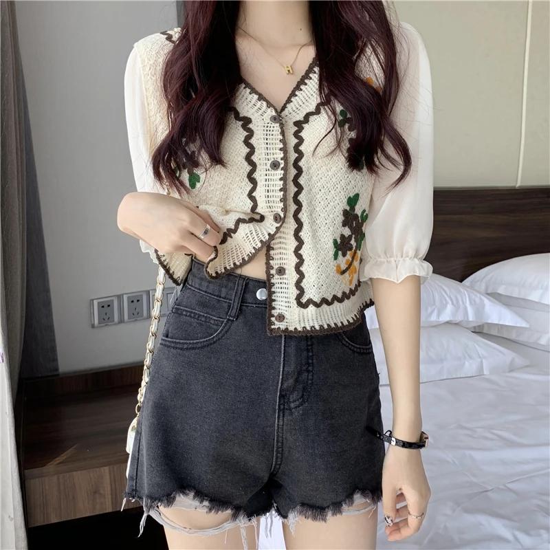 Häkelbluse mit Blumenstickerei und Chiffonärmeln, Knopfleiste vorne, Cardigan-Top, Damen, Frühling, Sommer, Fairycore, Cottagecore