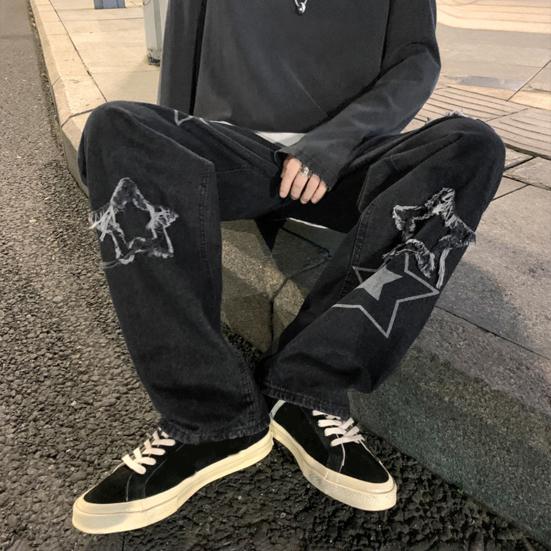 Men Denim Pants Five-pointed Star Pattern Embroidery Loose Wide Leg Streetwear Solid