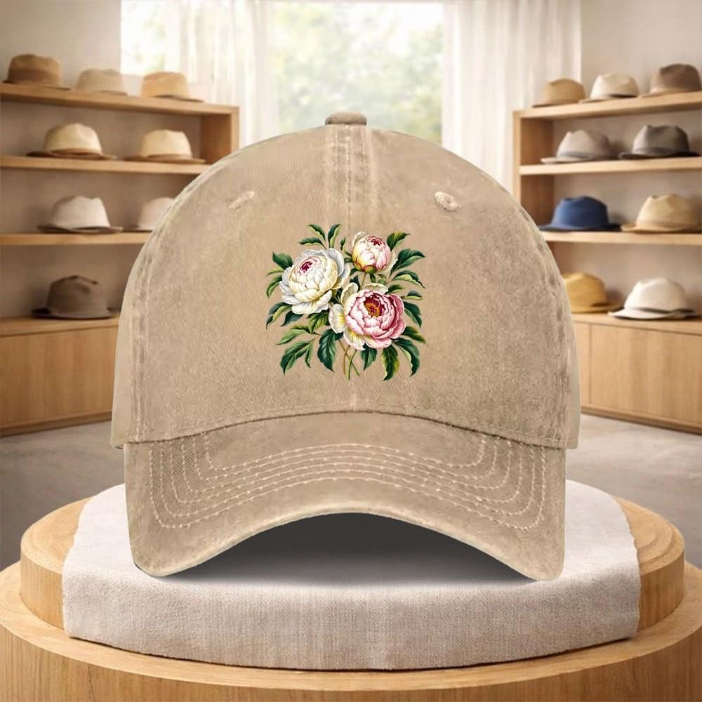 Peony Print Gewaschene Denim Baseballkappe Vintage Verstellbarer Riemen Lässige Sportkappe
