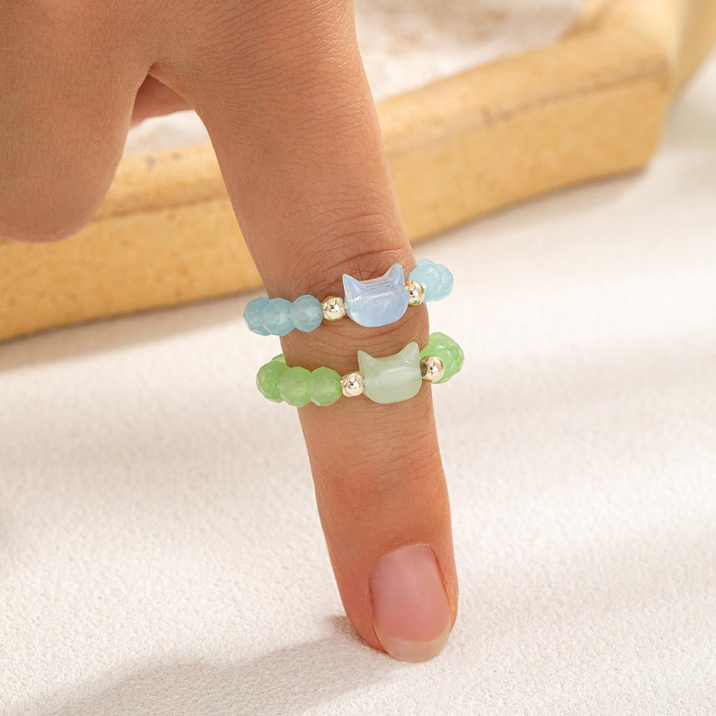 2-piece Two-Tone Cat Beaded Ring Set, Niche Sweet & Cool Style Stretch Rings, Adjustable Couple Rings for Best Friends