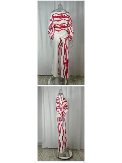 European & American Women's Print Top & Wide-Leg Pants Set with Batwing Sleeves