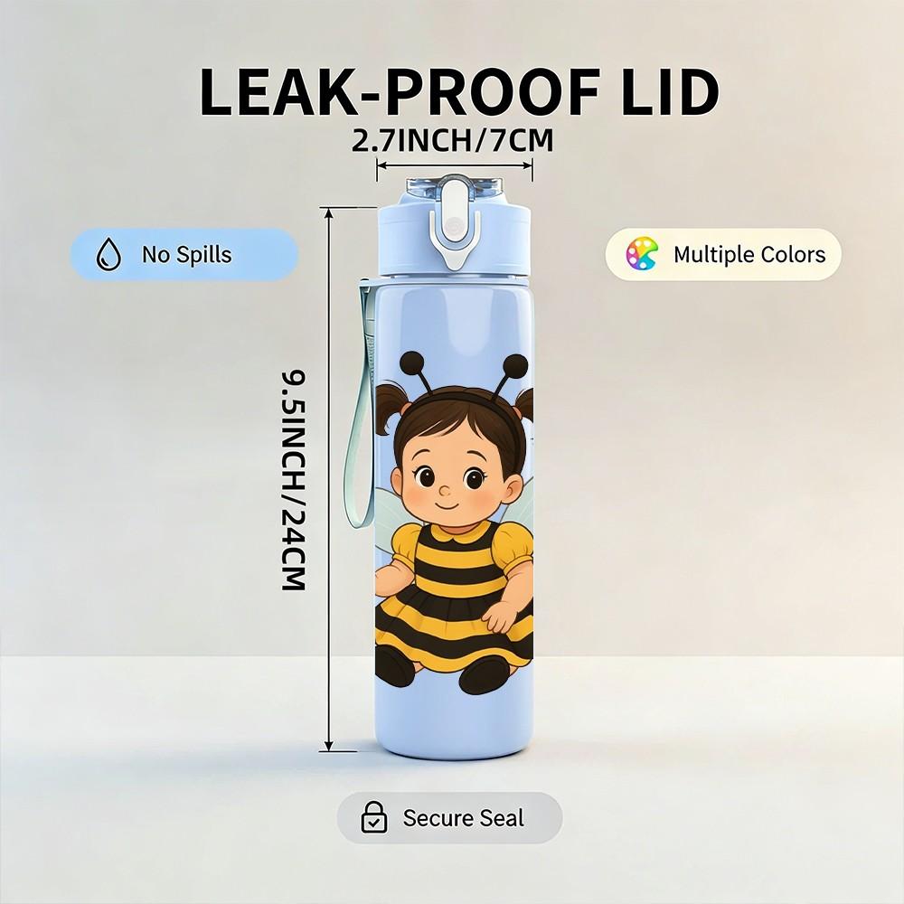 1PC Girl Bee Costume Cartoon Print 750ml Color Plastic Sports Water Bottle Leakproof Flip Straw Lid Suitable for Sports Office Home Use