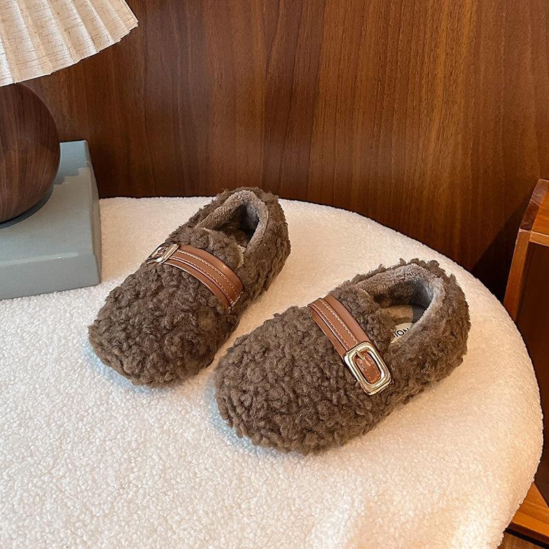 Children's woolen curly girls' cotton shoes, new autumn and winter soft-soled outdoor shoes for small, medium, and large children, warm shoes