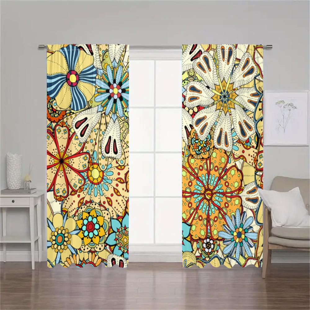 2Pcs Retro Floral Curtains Colorful Hand-drawn Pattern Living Room Study Sunshade Bohemian Style Decor Curta