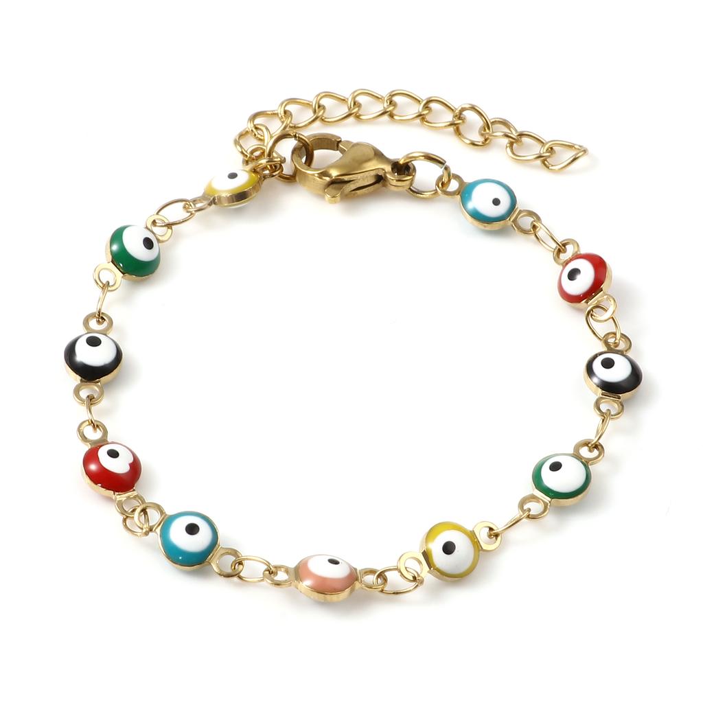 Stainless Steel Religious Bracelets Gold Color Multicolor Round Evil Eye Enamel For Women Men Gifts 13.5cm(5 3/8") Long, 1 Piece