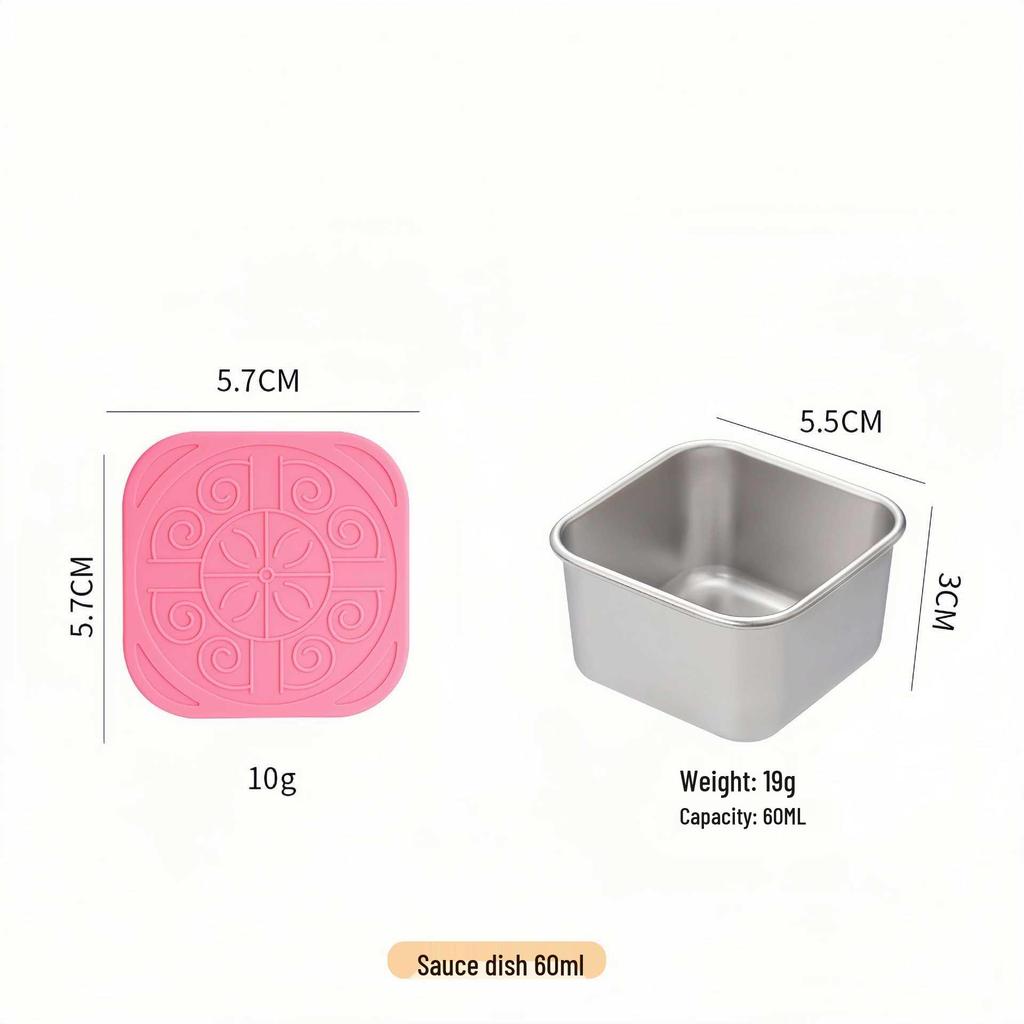 Stainless Steel Sauce & Salad Container with Silicone Lid, 60/180ml, Leakproof Square Design