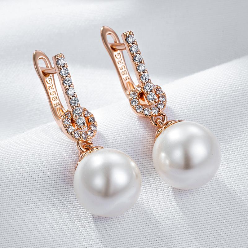 Luxury  Rose Gold Color Pearl Drop Earrings Women Unique Geometric Full Natural Zircon Accessories Daily Jewelry Gift