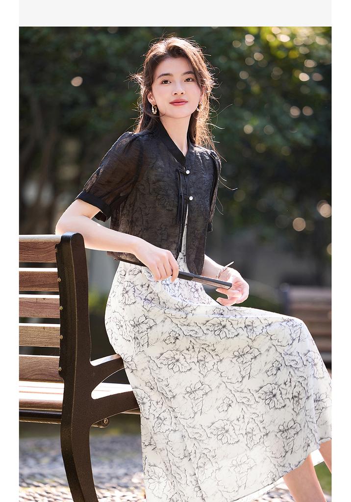 Chinese Ink Painting Chiffon Set with Buckle Top and Camisole Skirt