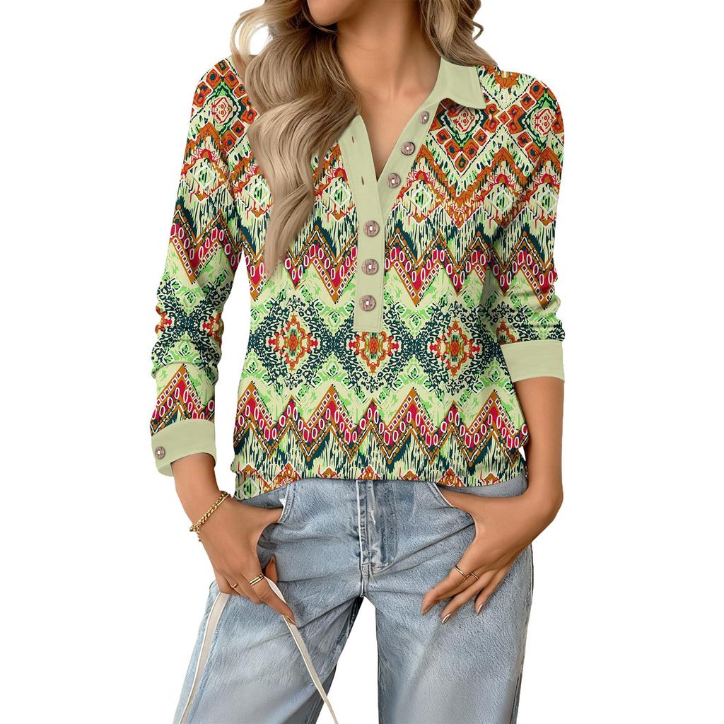 Women's Fashionable and Relaxed V,neck Long,sleeved Button,down Retro Print Pullover Top