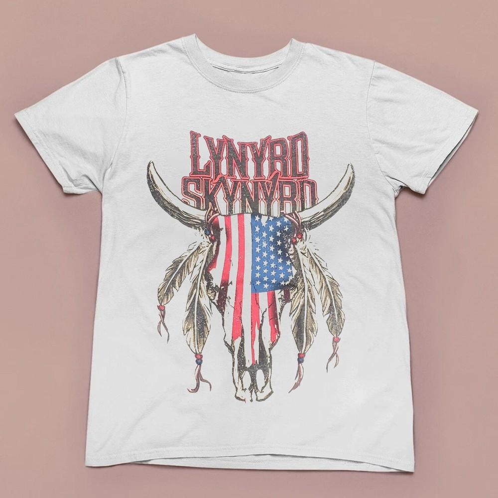 

Rare Lynyrd Skynyrd Cattle Skull US Flag Unisex Black T-shirt, Size S-5XL Unisex T-Shirt L