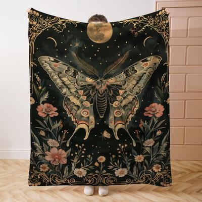 Celestial Moon Moth with Florals Print Flannel Blanket - Soft and Comfortable Throw for Bed Sofa Office or Camping
