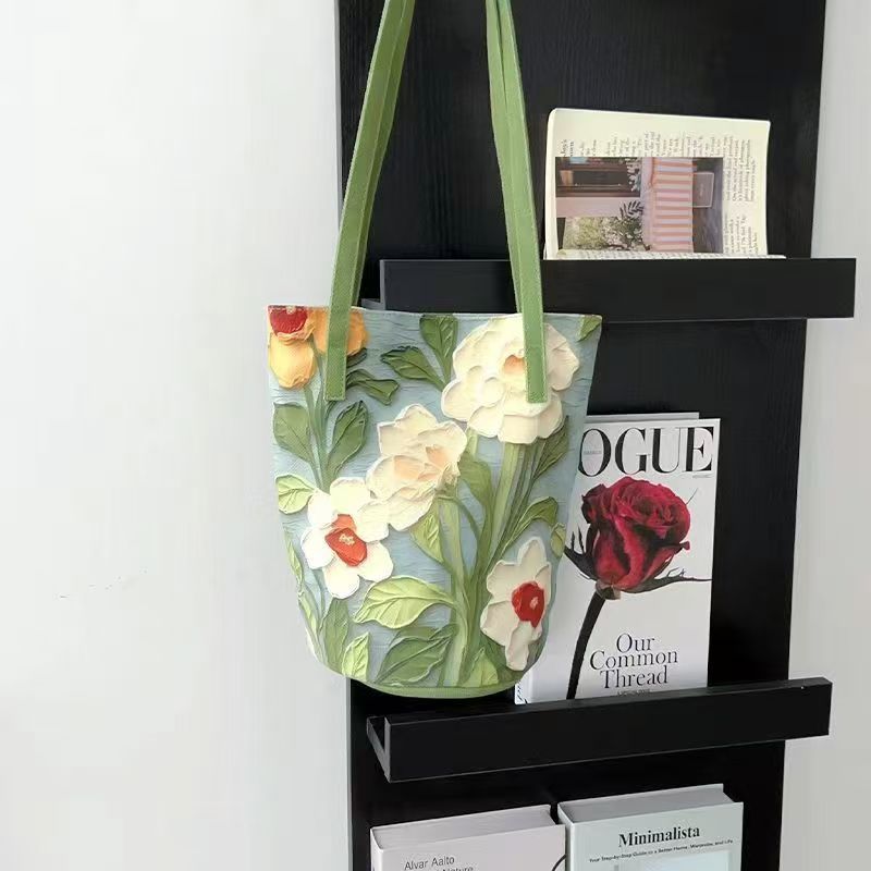 Oxford Cloth Bucket Bag Summer Travel Tote Oil Painting Floral Design Versatile Large Capacity Elegant