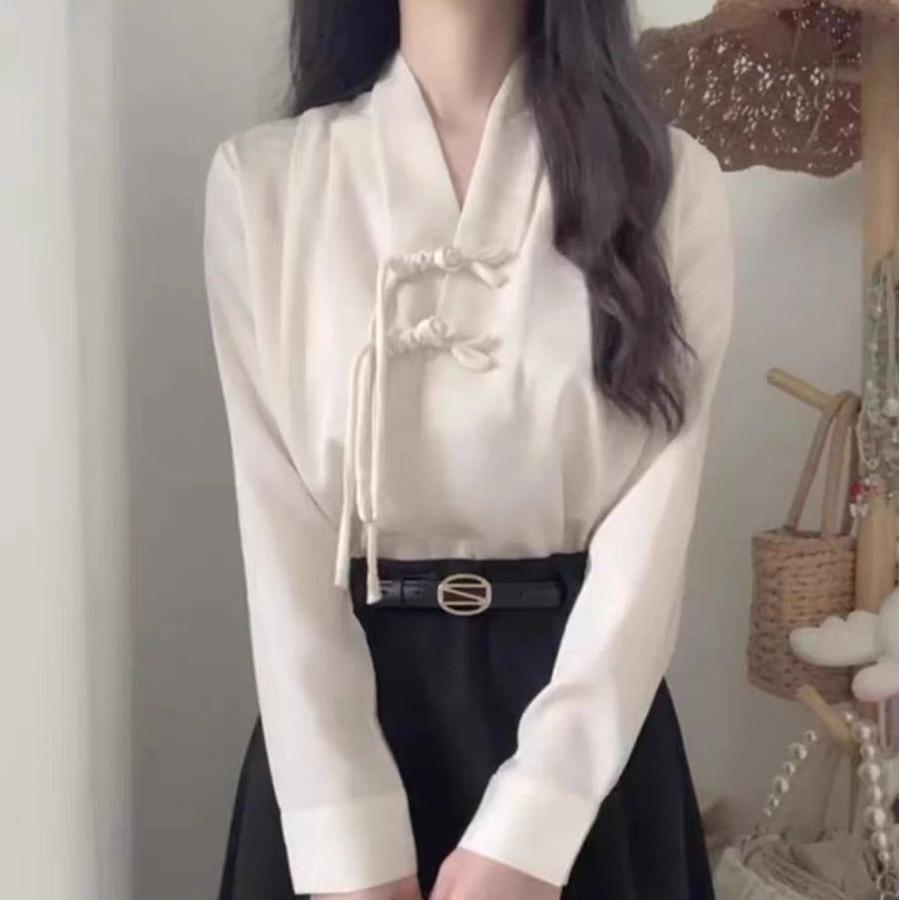New Fashion Long Sleeve V-Neck Blouse Women Blusas Mujer De Moda Chinese Style White Women Blouse Shirt Women Tops Popular