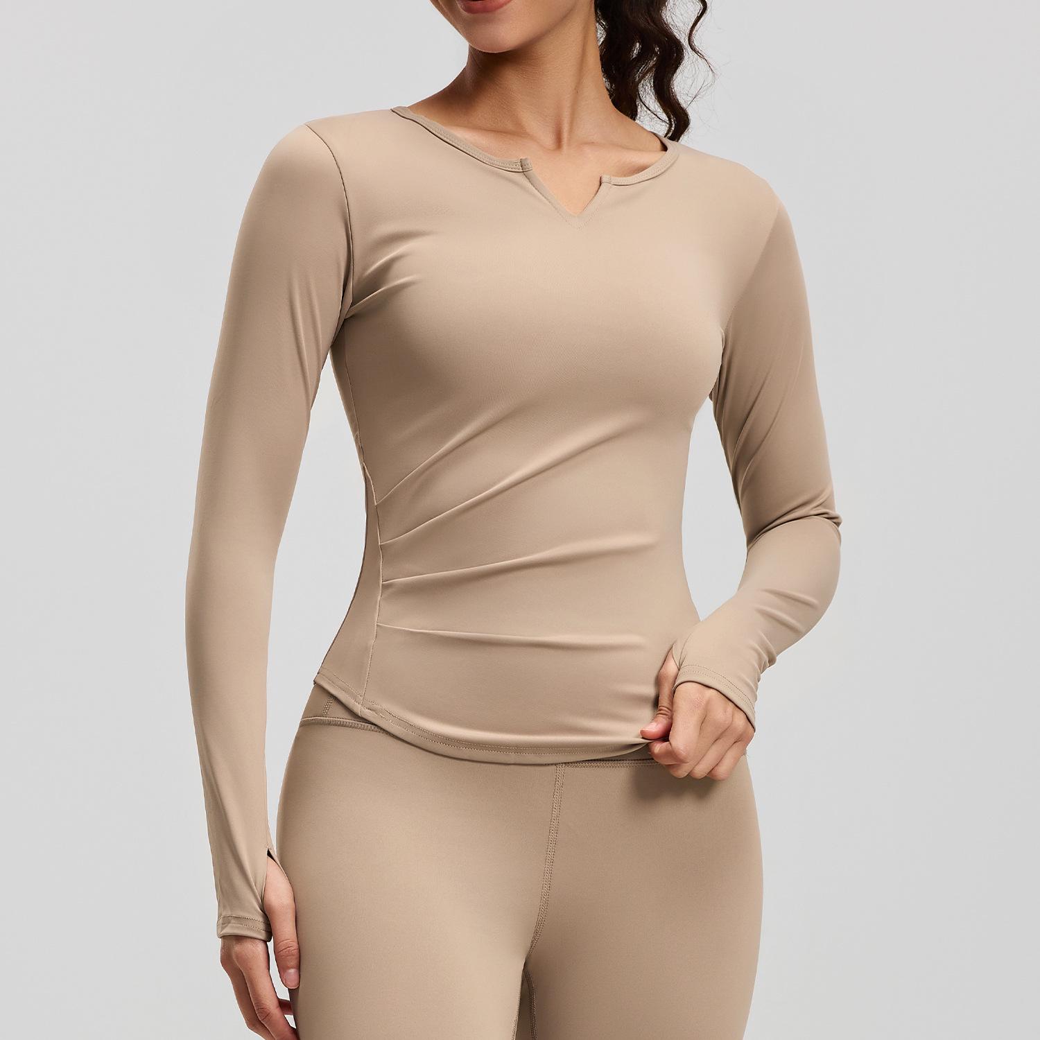 European V-Neck Long Sleeve Nude Feel Yoga Top with Pleated Waist - Slimming and Tight Fit Sportswear Double Extra Large