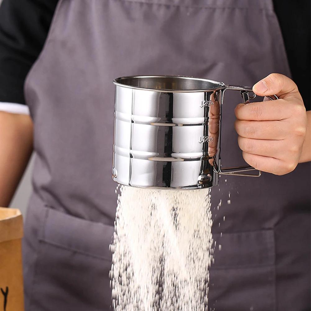 Flour Sifter for Baking Stainless Steel Handheld Flour Sifter Baking Sieve Cup w/ Hand Press Design Fine Mesh Sieve Flour Duster