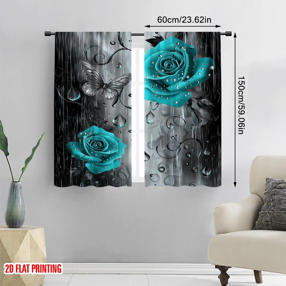 2pcs Window Drapes Turquoise Floral Raindrops Versatile Durable Polyester,Without Electricity Family Party Decoration for
