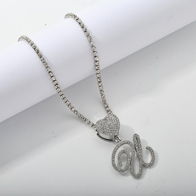 26 Flower Letter Necklace: Hip Hop Heart Pendant with Full Diamond Inlaid Tennis Chain for Women